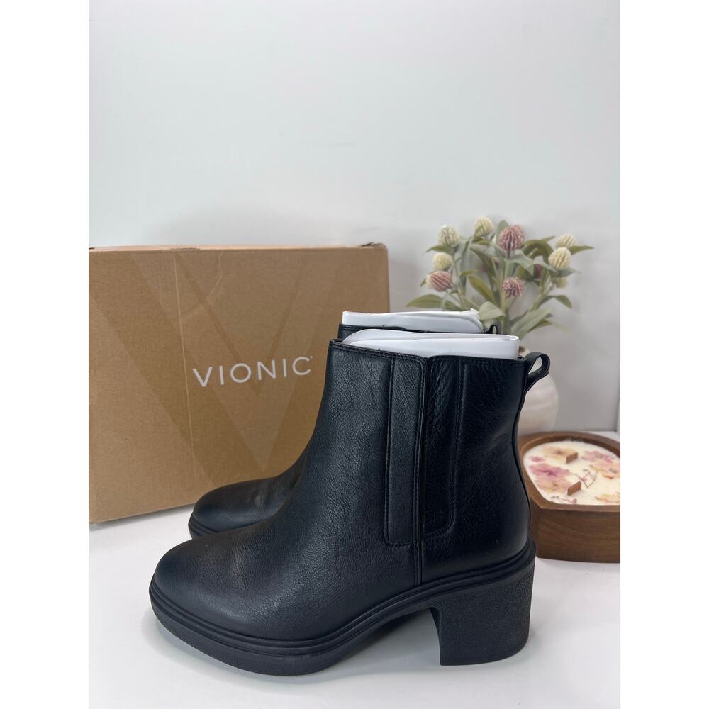 Vionic Savannah Leather Comfort Block Heel Ankle Boot Black Women's 8W Tried On